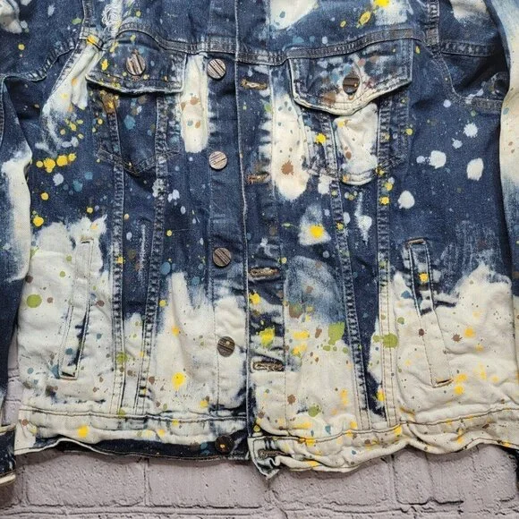 FRWD Denim Blue White Splattered Paint Jean Jacket Size M